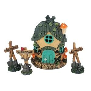 Fairy Garden House Set Light Up Miniature Gnome Cottage 4pc Resin Decor Signs